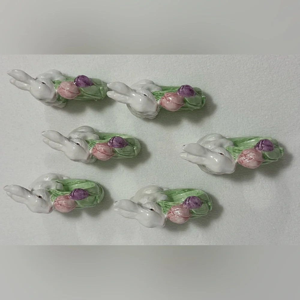 White Ceramic Bunny Napkin Rings with Pastel Tulip Wreath - Set of 6